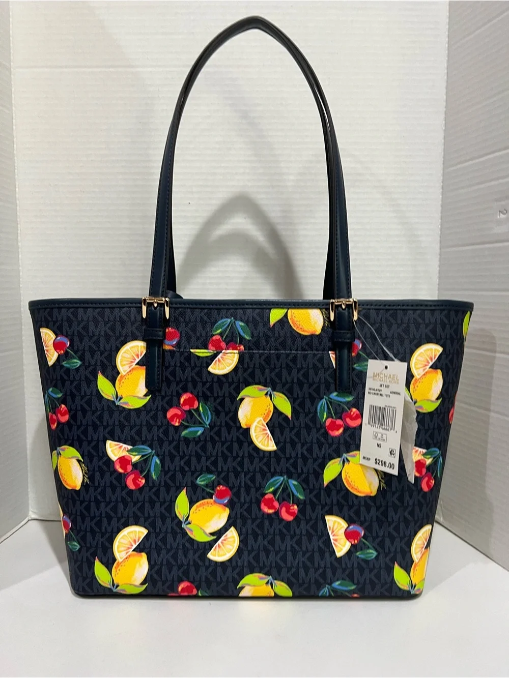Michael Kors Jet Set Tote Bag Lemon and Cherry Print Navy NWT